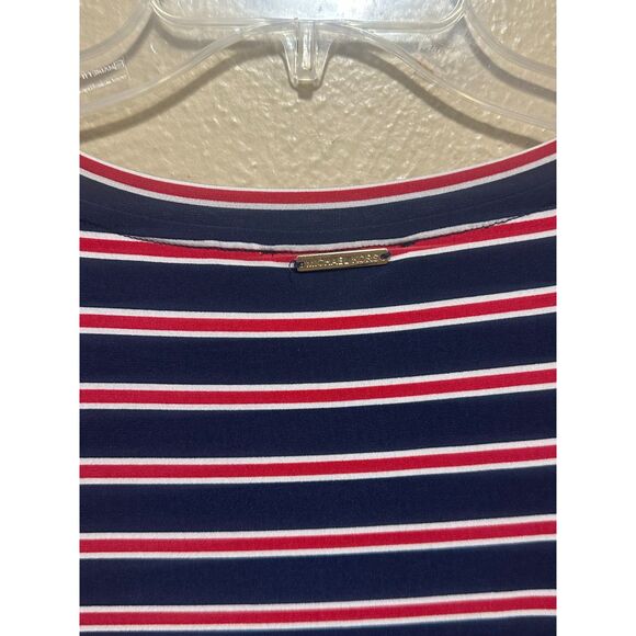 Michael Kors Navy‎ Red Striped Puff Sleeve Top Women’s XL Stretchy Casual - Picture 8 of 9
